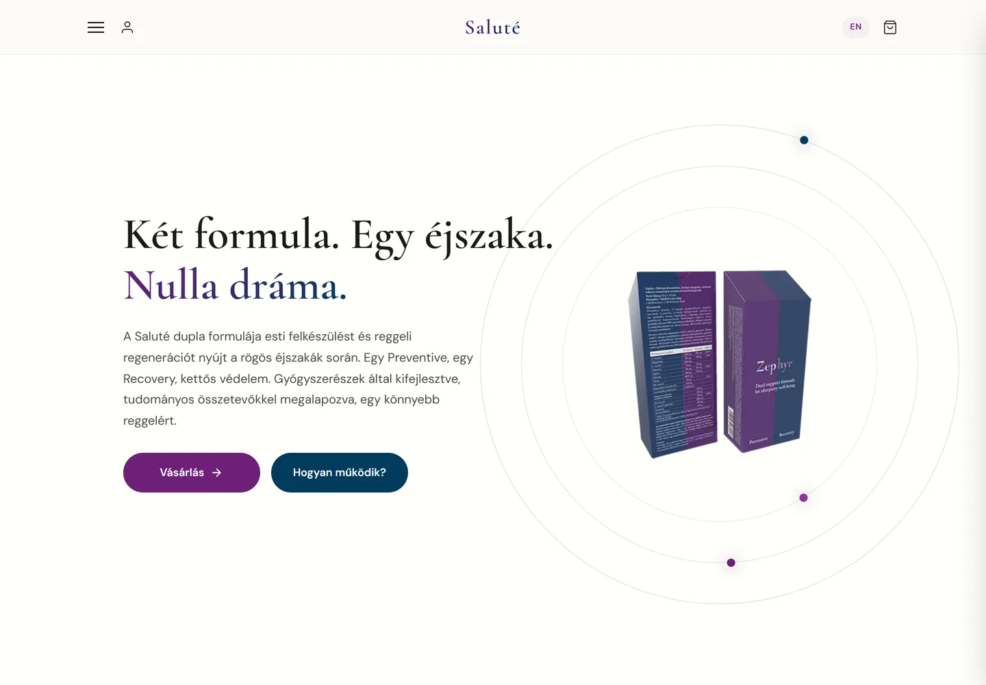 A Saluté márkaoldal és webáruház nyitóoldalának képernyőképe