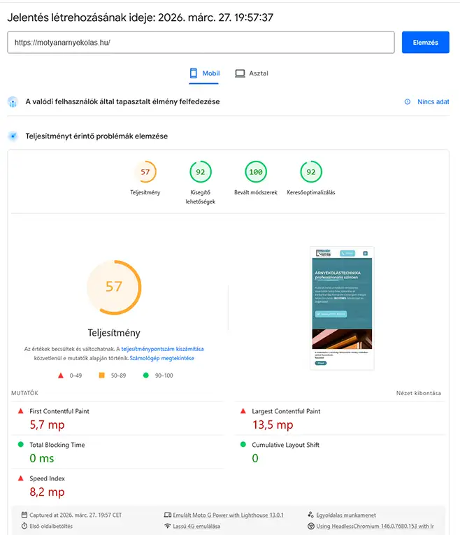 PageSpeed eredmény a modernizáció előtt mobilon
