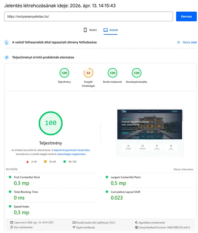 PageSpeed eredmény a modernizáció után asztali nézetben