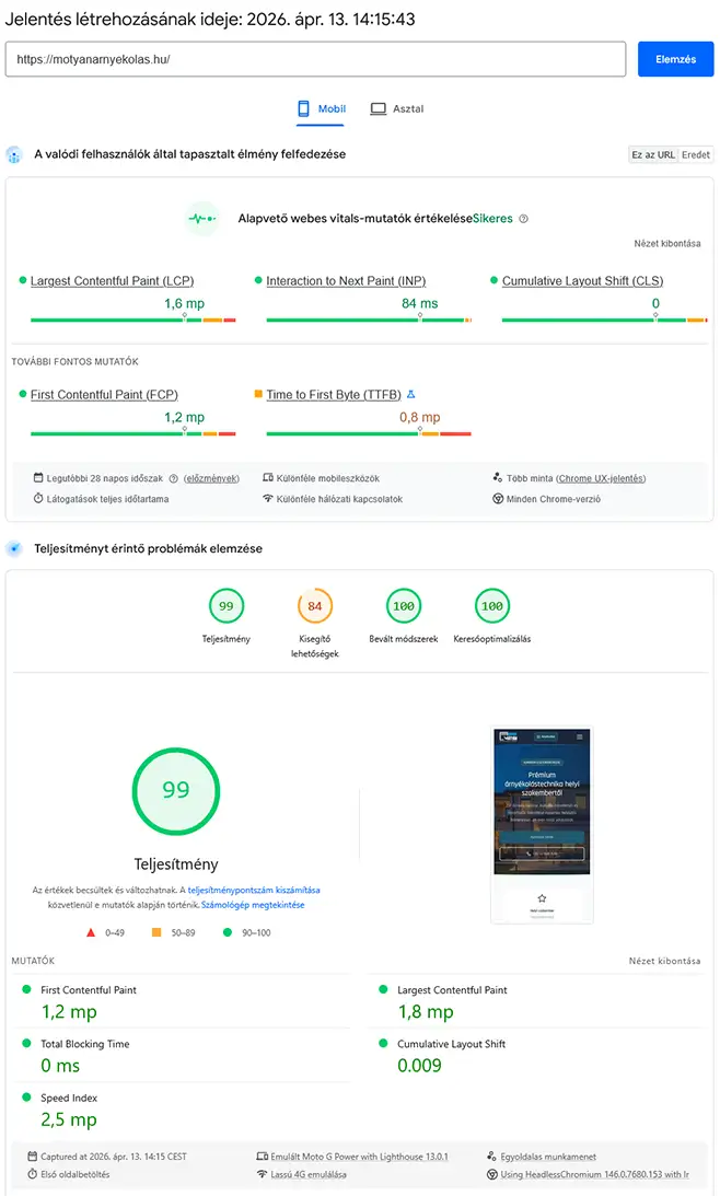 PageSpeed eredmény a modernizáció után mobilon